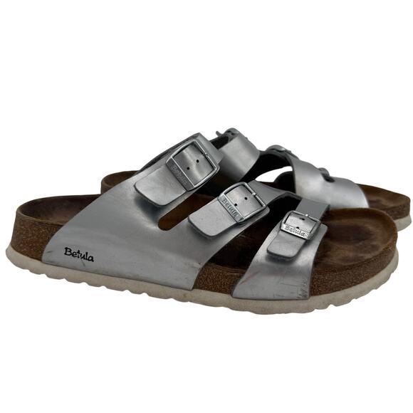 Birkenstock Betula Women's Silver Leo Leather Sandals Size 265 / 10-10.5 - Picture 1 of 7